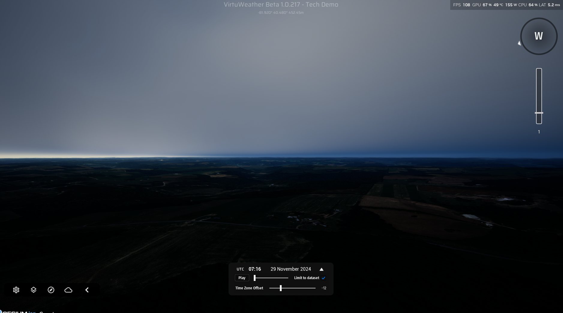 First light on the horizon under a clearing sky, rendered from live data